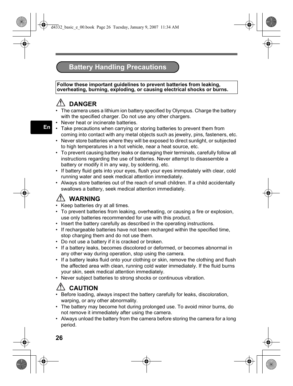 Battery handling precautions | Olympus µ 770 SW User Manual | Page 26 / 30