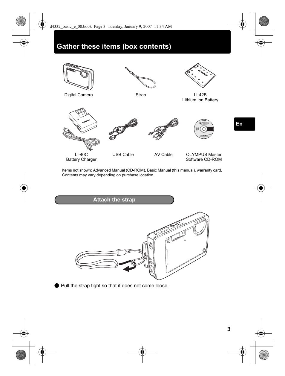 Gather these items (box contents) | Olympus µ 770 SW User Manual | Page 3 / 30