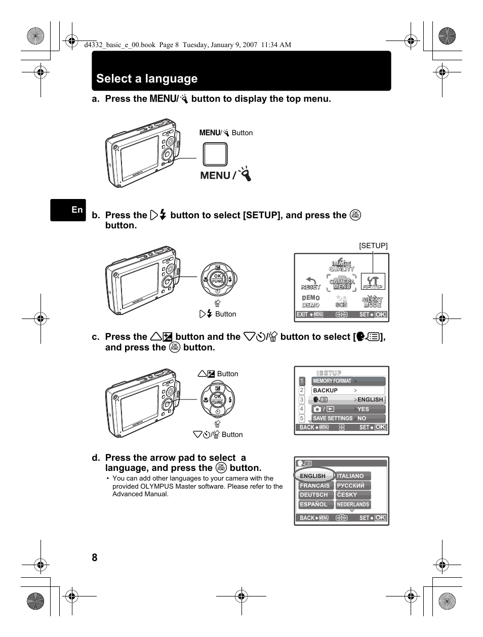 Select a language | Olympus µ 770 SW User Manual | Page 8 / 30