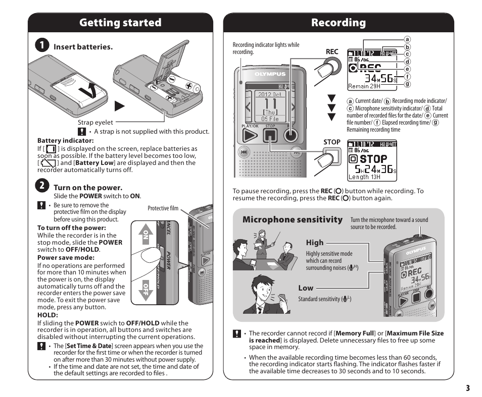 Recording, Getting started, Microphone sensitivity | Olympus DP211 User Manual | Page 3 / 8