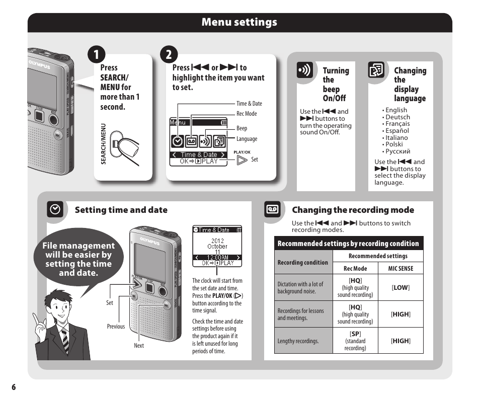 Menu settings | Olympus DP211 User Manual | Page 6 / 8