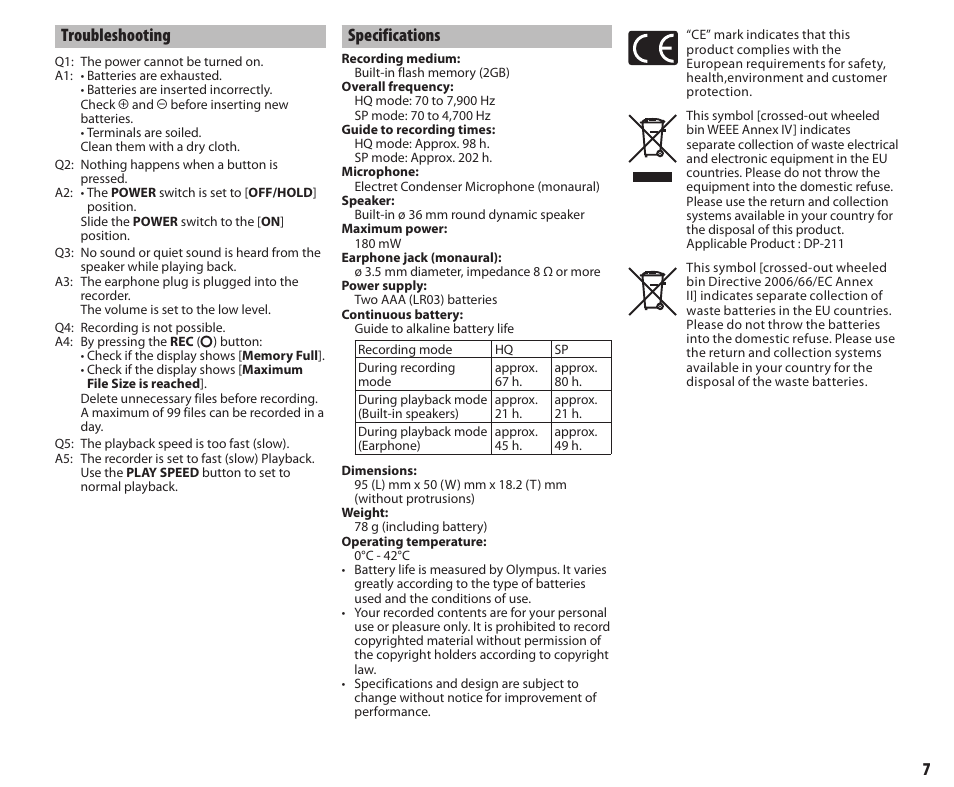 7troubleshooting, Specifications | Olympus DP211 User Manual | Page 7 / 8