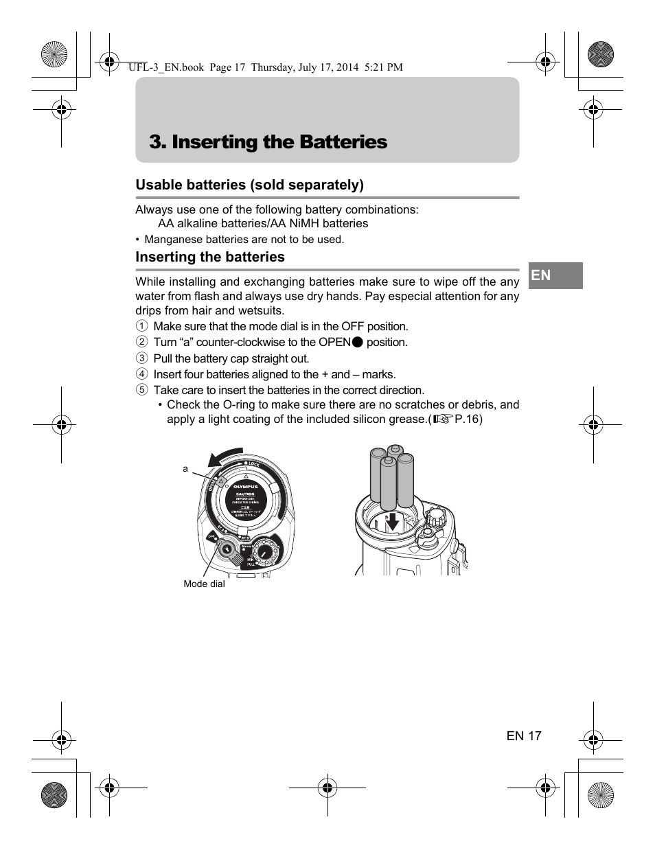 Inserting the batteries | Olympus UFL3 User Manual | Page 18 / 35