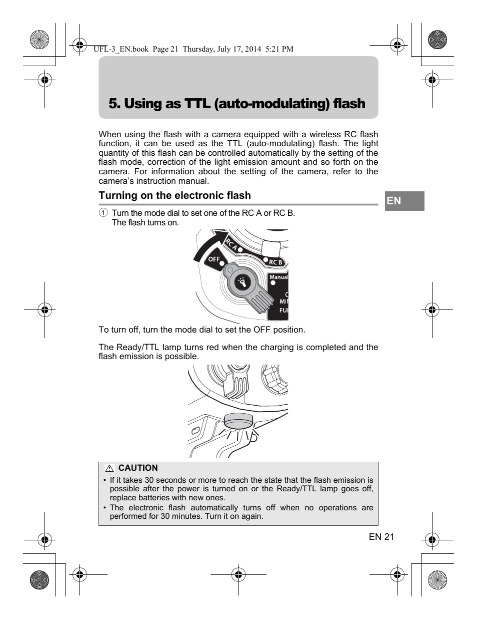 Using as ttl (auto-modulating) flash | Olympus UFL3 User Manual | Page 22 / 35