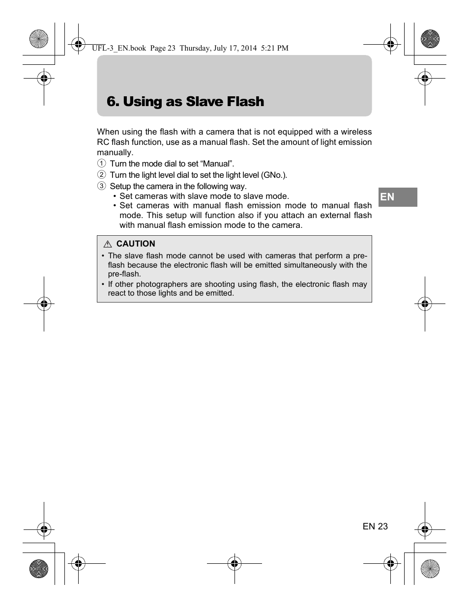 Using as slave flash | Olympus UFL3 User Manual | Page 24 / 35