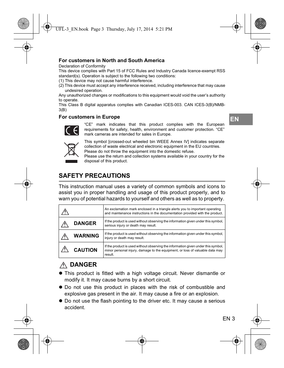 Safety precautions, Danger | Olympus UFL3 User Manual | Page 4 / 35