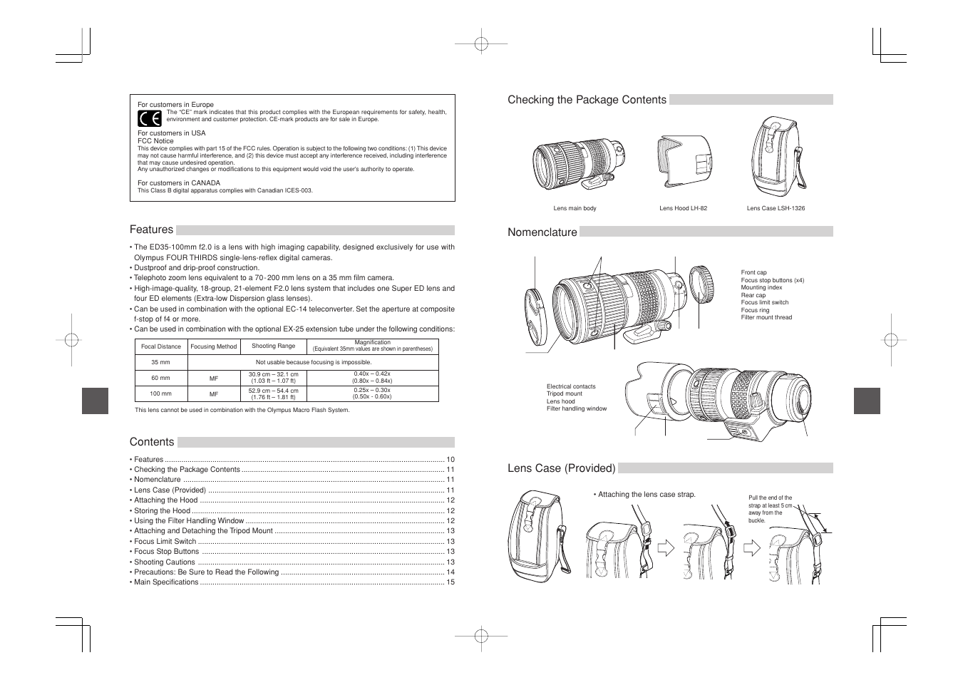 Lens case (provided) nomenclature, Contents features, Checking the package contents | Olympus ZUIKO DIGITAL ED 35100mm 12-0 User Manual | Page 2 / 5