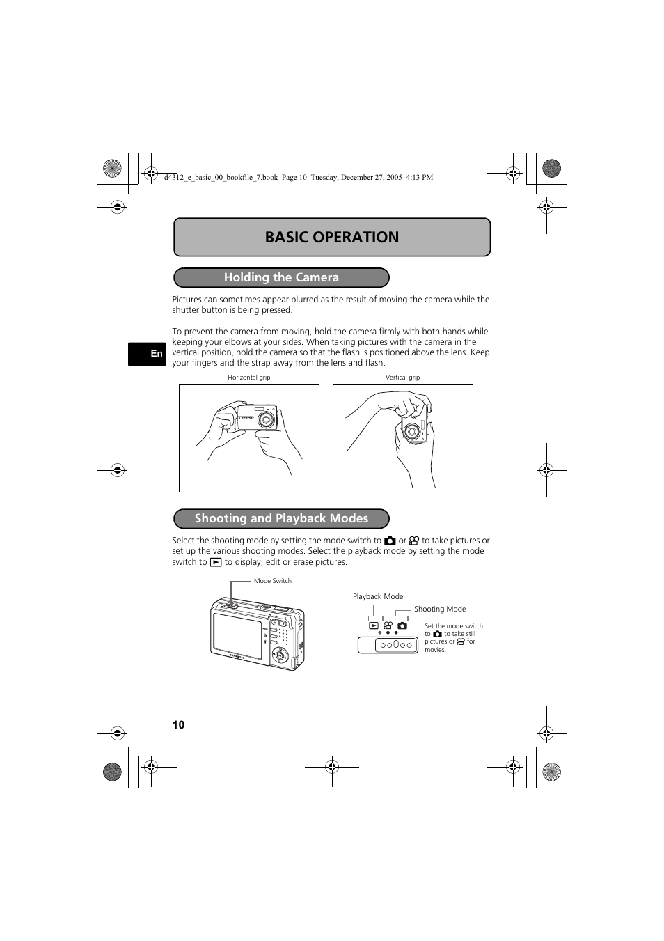 Basic operation, Holding the camera shooting and playback modes | Olympus FE-150 User Manual | Page 10 / 28