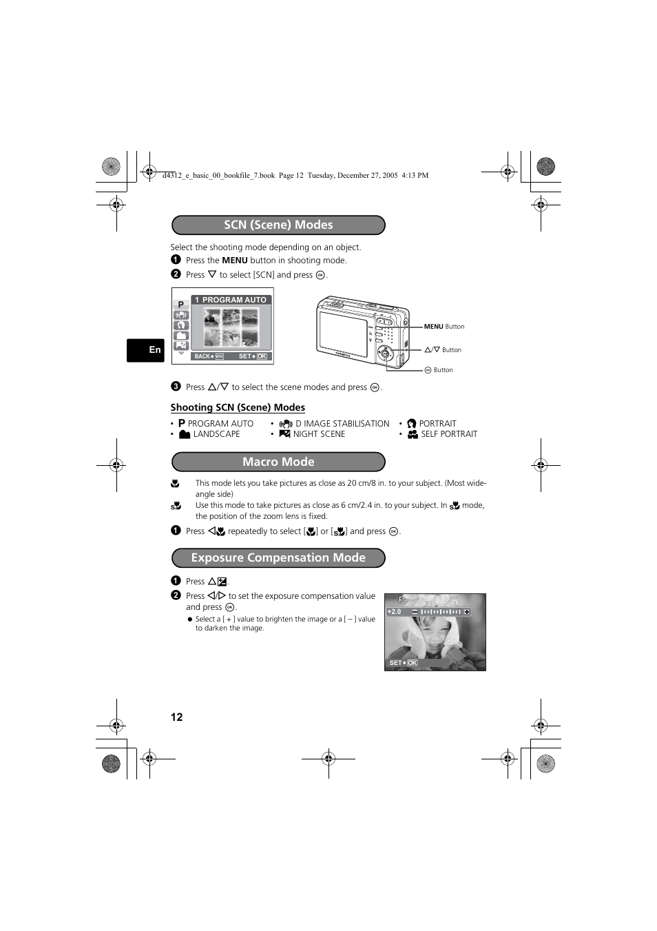 Scn (scene) modes, Macro mode exposure compensation mode | Olympus FE-150 User Manual | Page 12 / 28