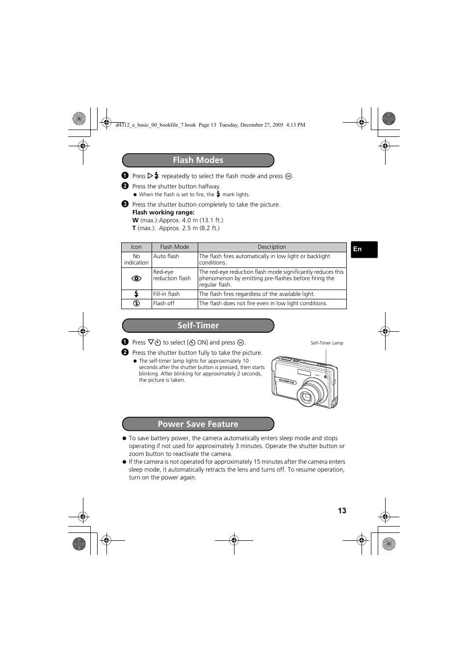 Flash modes self-timer, Power save feature | Olympus FE-150 User Manual | Page 13 / 28