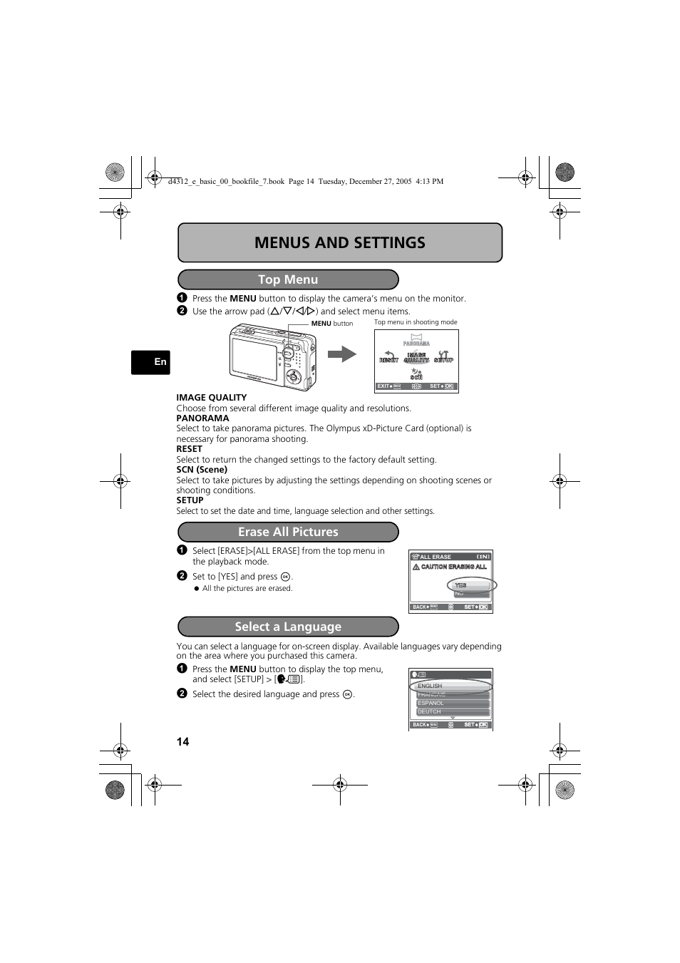 Menus and settings, Top menu, Erase all pictures | Select a language | Olympus FE-150 User Manual | Page 14 / 28