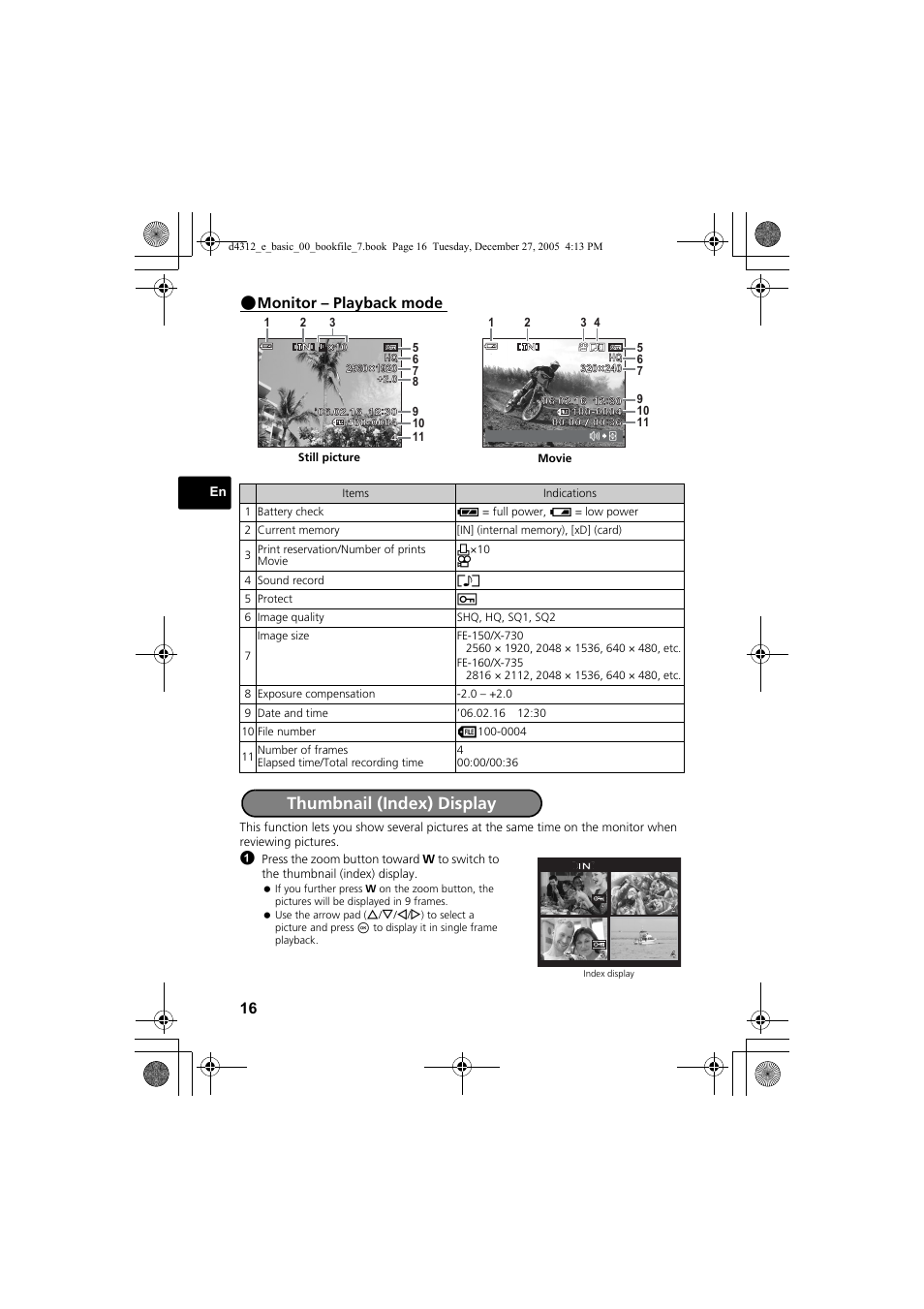 Thumbnail (index) display, Monitor – playback mode | Olympus FE-150 User Manual | Page 16 / 28