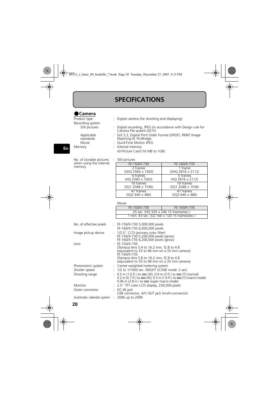 Specifications | Olympus FE-150 User Manual | Page 20 / 28