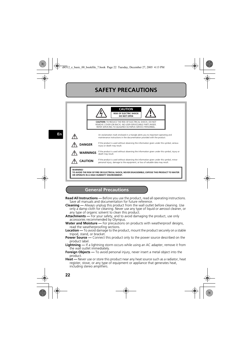 Safety precautions, General precautions | Olympus FE-150 User Manual | Page 22 / 28