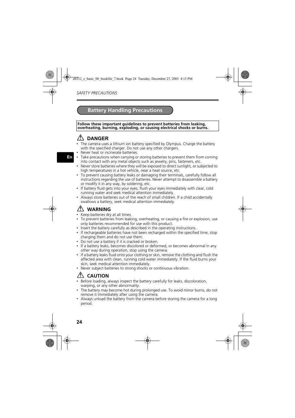 Battery handling precautions | Olympus FE-150 User Manual | Page 24 / 28