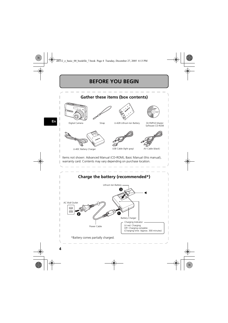 Before you begin, Gather these items (box contents), Charge the battery (recommended*) | Olympus FE-150 User Manual | Page 4 / 28