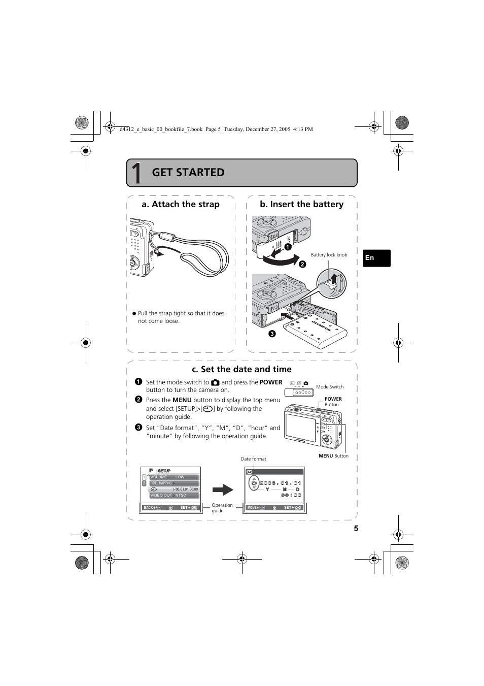 Get started, A. attach the strap b. insert the battery, C. set the date and time | Olympus FE-150 User Manual | Page 5 / 28