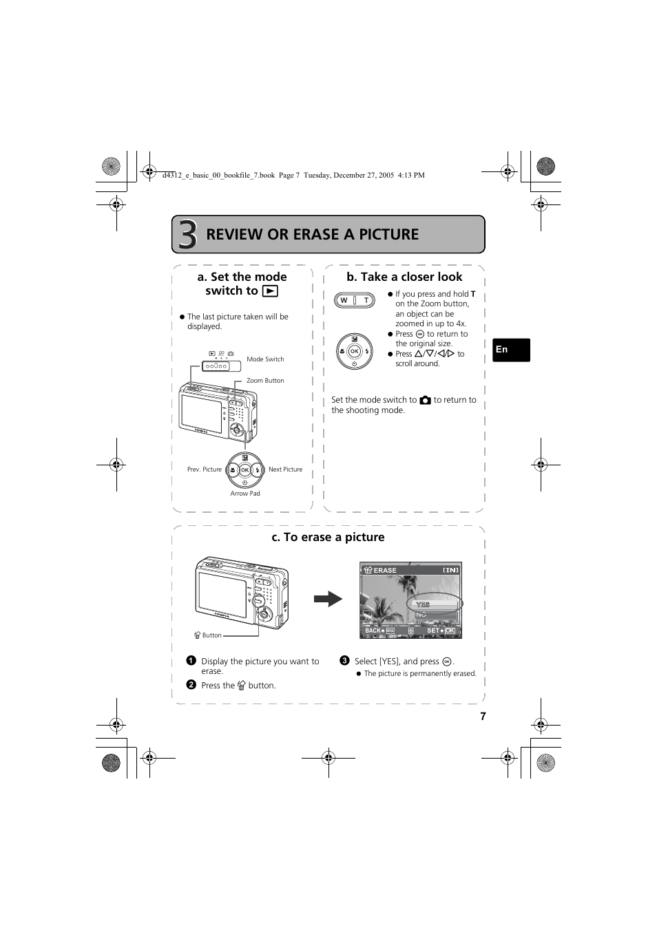 Review or erase a picture, A. set the mode switch to q b. take a closer look, C. to erase a picture | Olympus FE-150 User Manual | Page 7 / 28