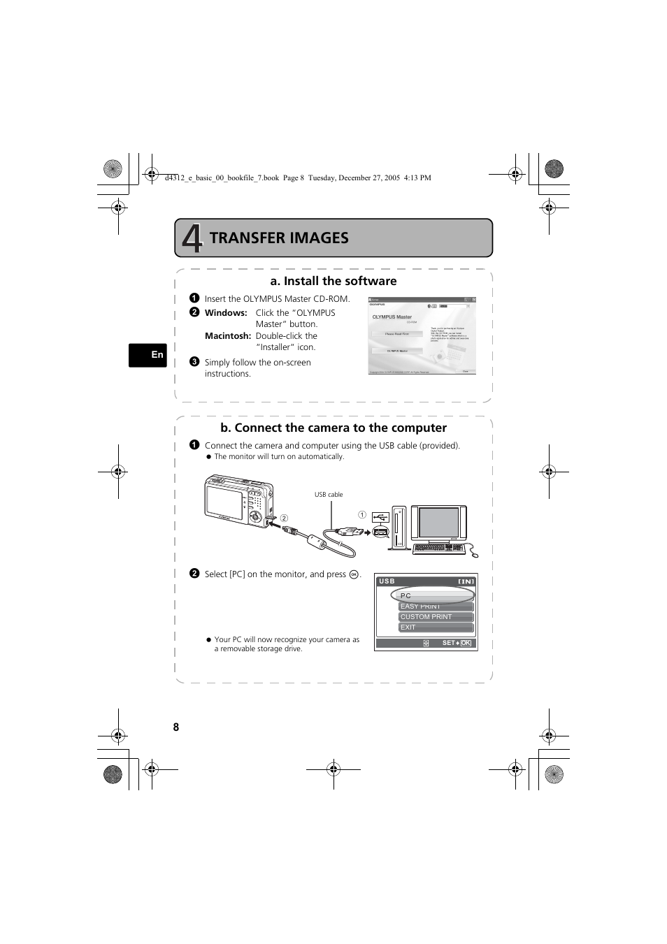 Transfer images, A. install the software, B. connect the camera to the computer | Olympus FE-150 User Manual | Page 8 / 28