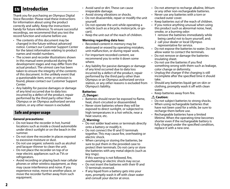Introduction, Safe and proper usage | Olympus DP-20 User Manual | Page 2 / 8