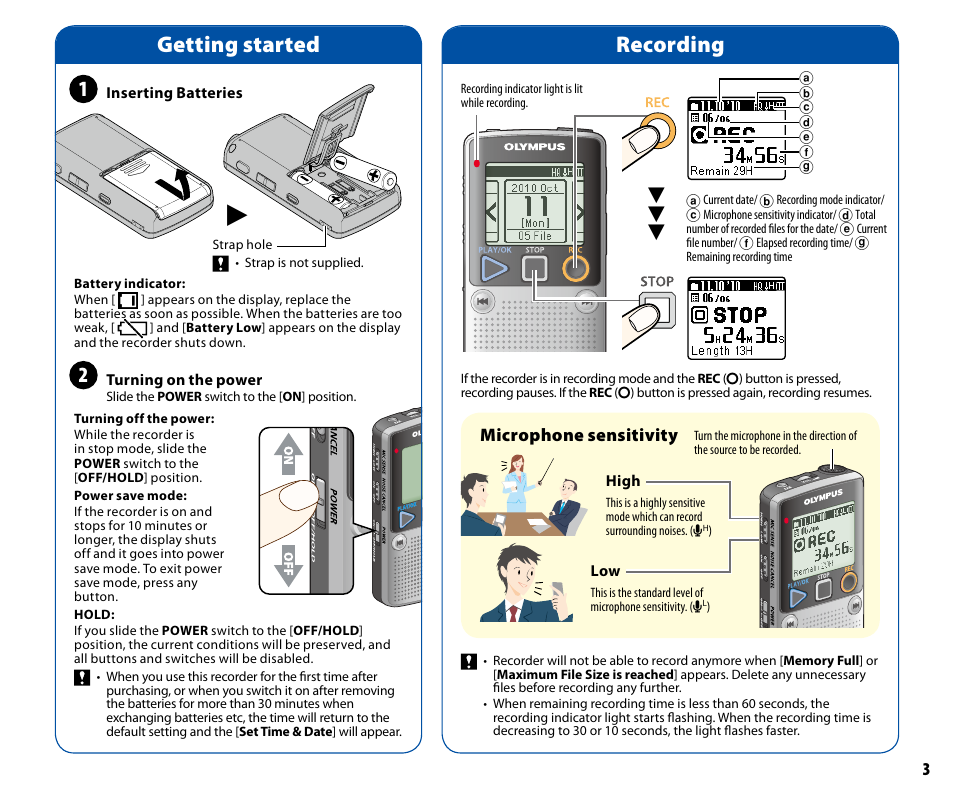 Recording, Getting started, Microphone sensitivity | Olympus DP-20 User Manual | Page 3 / 8