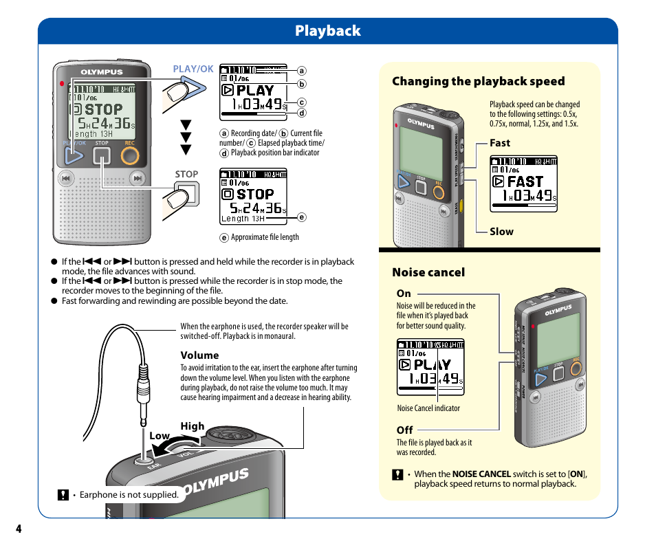 Playback, Noise cancel, Changing the playback speed | Olympus DP-20 User Manual | Page 4 / 8