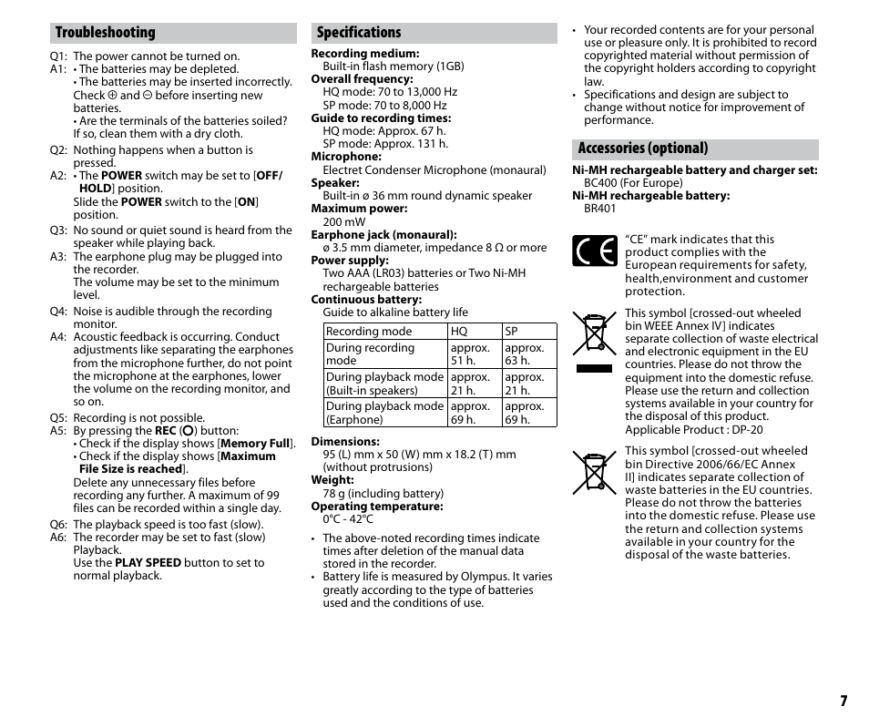 Troubleshooting, Specifications, Accessories (optional) | Olympus DP-20 User Manual | Page 7 / 8