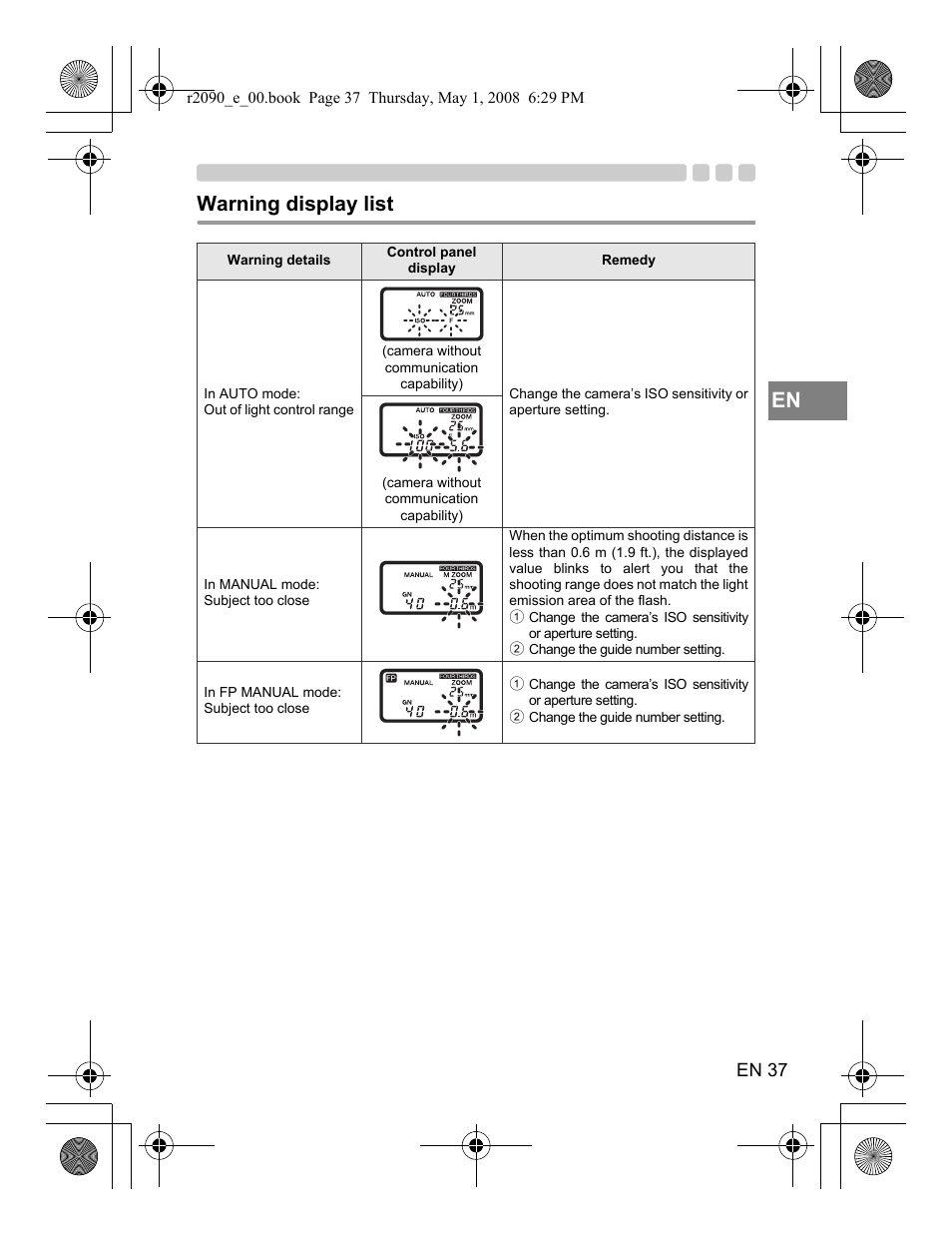 Warning display list, En 37 | Olympus UFL-2 User Manual | Page 37 / 41