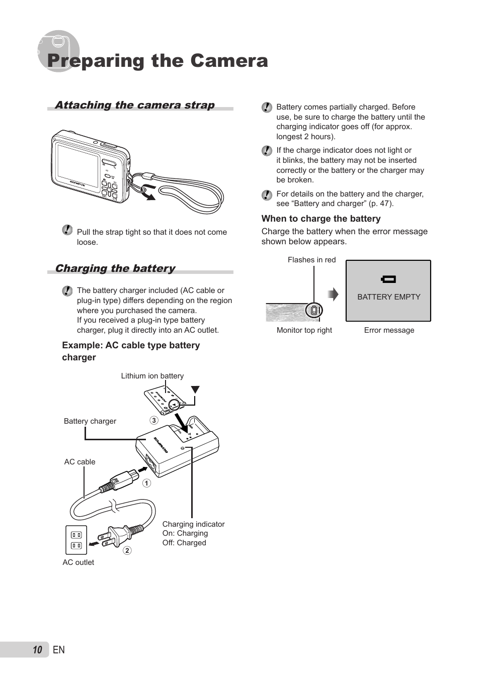 Preparing the camera, Attaching the camera strap, Charging the battery | 10 en | Olympus X-560WP User Manual | Page 10 / 66