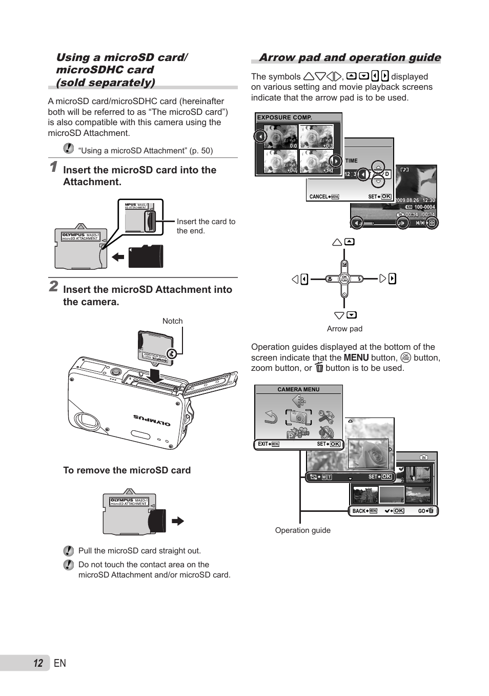 Arrow pad and operation guide, Insert the microsd card into the attachment, Insert the microsd attachment into the camera | Olympus X-560WP User Manual | Page 12 / 66