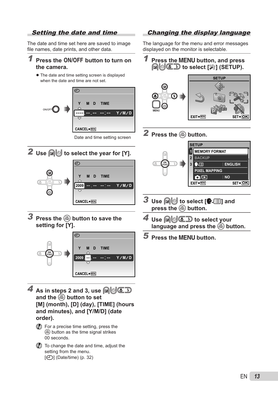 Setting the date and time, Changing the display language, 1 en setting the date and time | Olympus X-560WP User Manual | Page 13 / 66