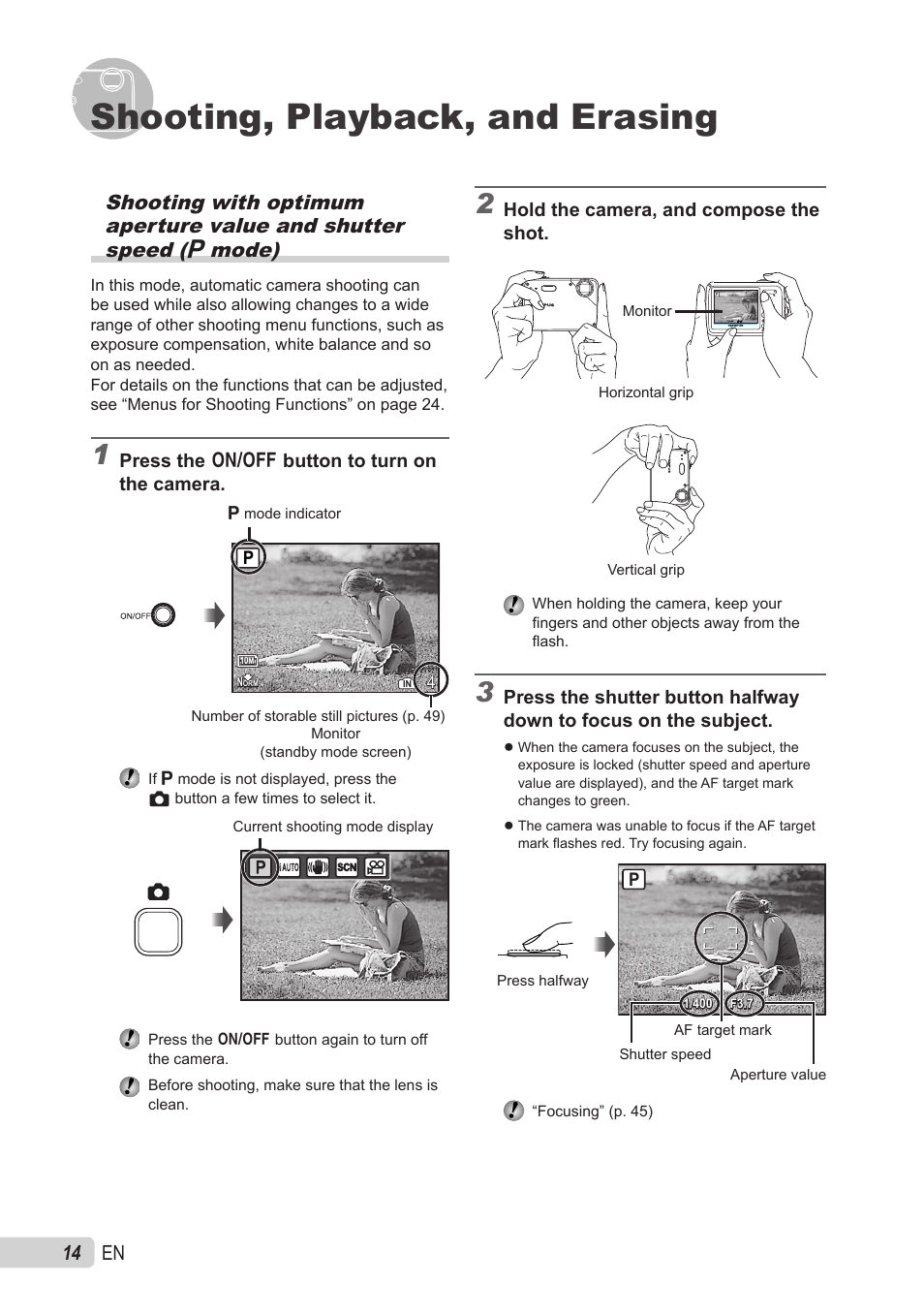Shooting, playback, and erasing, 1 en | Olympus X-560WP User Manual | Page 14 / 66