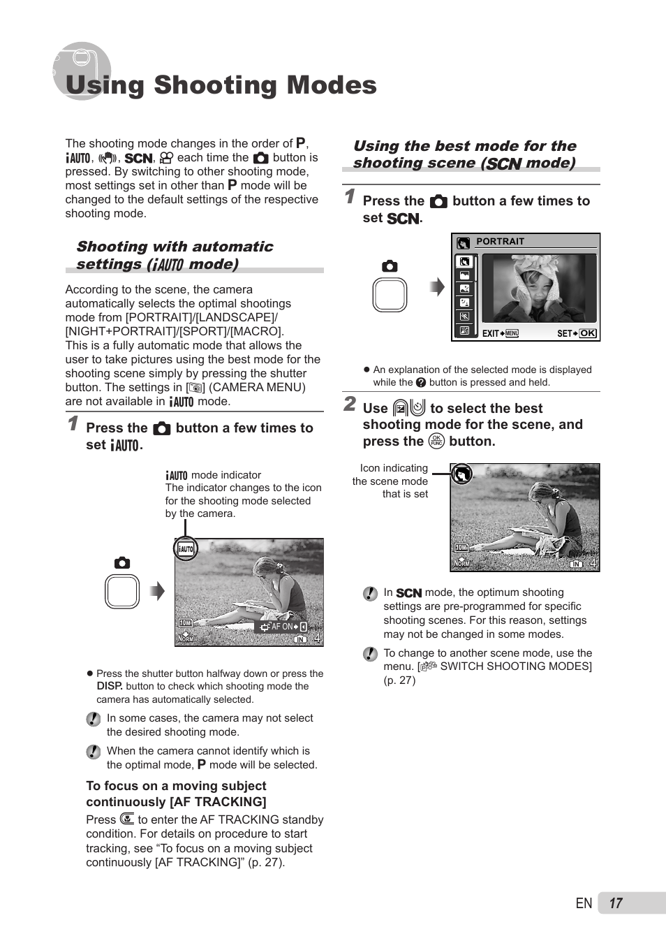 Using shooting modes, Shooting with automatic settings, Using the best mode for the shooting scene | 1 en, Shooting with automatic settings (g mode) | Olympus X-560WP User Manual | Page 17 / 66