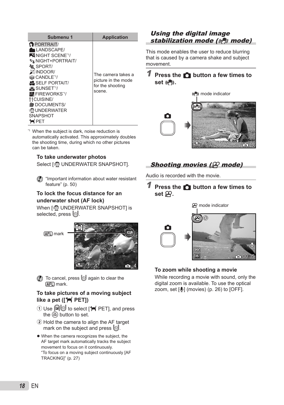 Using the digital image stabilization mode, Shooting movies, Shooting movies (n mode) | Press the k button a few times to set h, Press the k button a few times to set n | Olympus X-560WP User Manual | Page 18 / 66