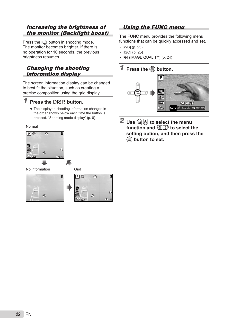 Changing the shooting information display, Using the func menu, Press the g button | Press the o button | Olympus X-560WP User Manual | Page 22 / 66