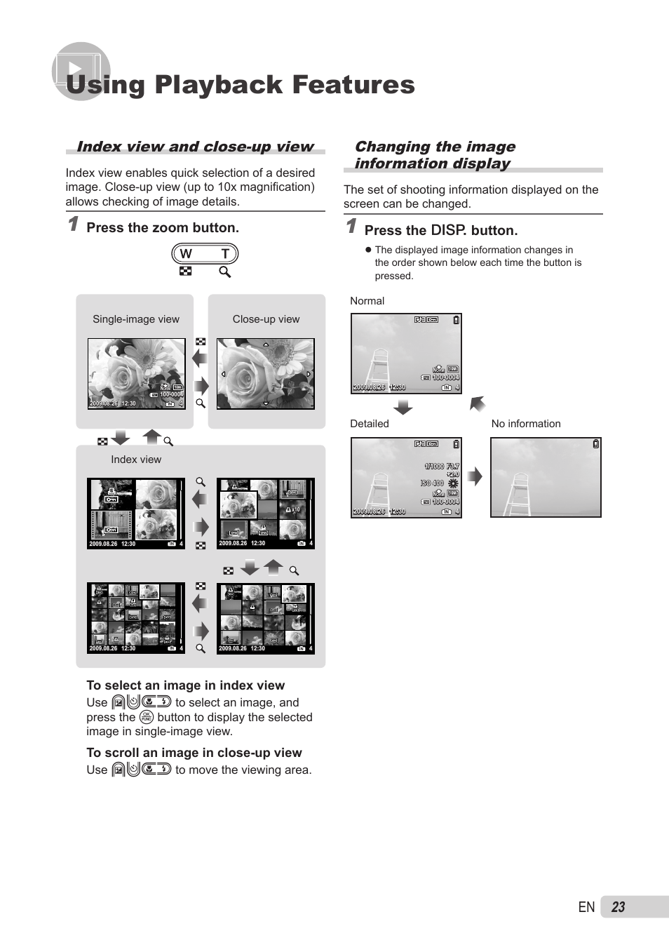 Using playback features, Index view and close-up view, Changing the image information display | Press the zoom button, Press the g button, Use abcd to move the viewing area | Olympus X-560WP User Manual | Page 23 / 66