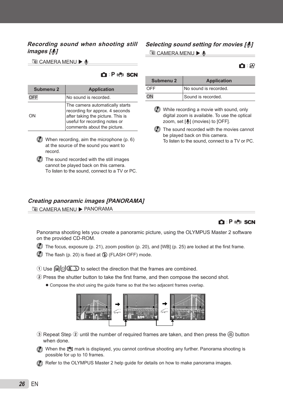 Recording sound when shooting still images, Selecting sound setting for movies, Creating panoramic images | Recording sound when shooting still images [ r, Selecting sound setting for movies [ r, Creating panoramic images [panorama | Olympus X-560WP User Manual | Page 26 / 66