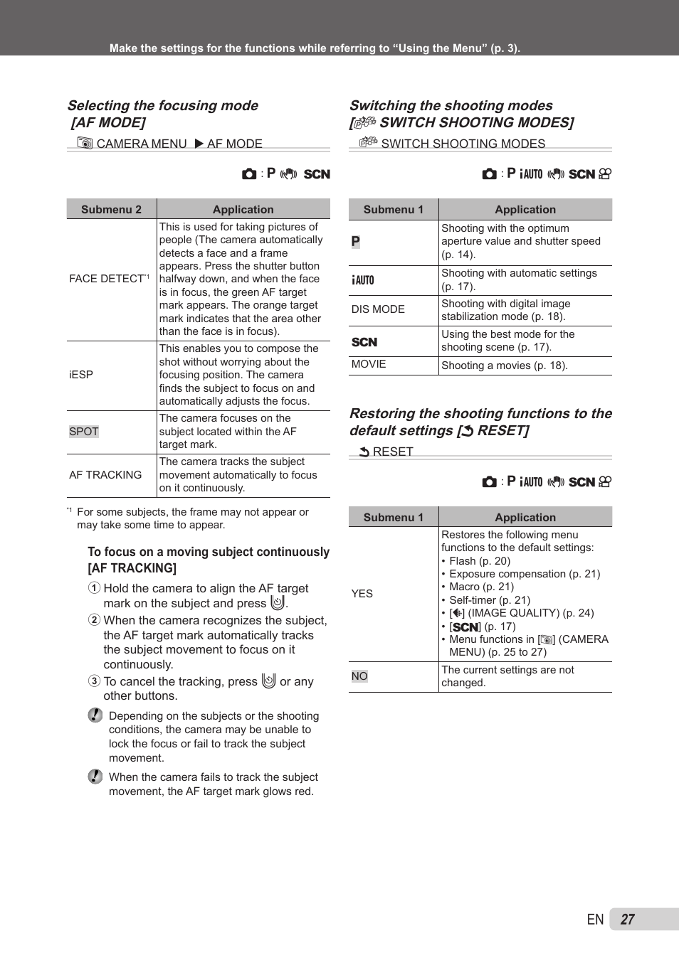 Selecting the focusing mode, Switching the shooting modes, Selecting the focusing mode [af mode] b | Olympus X-560WP User Manual | Page 27 / 66