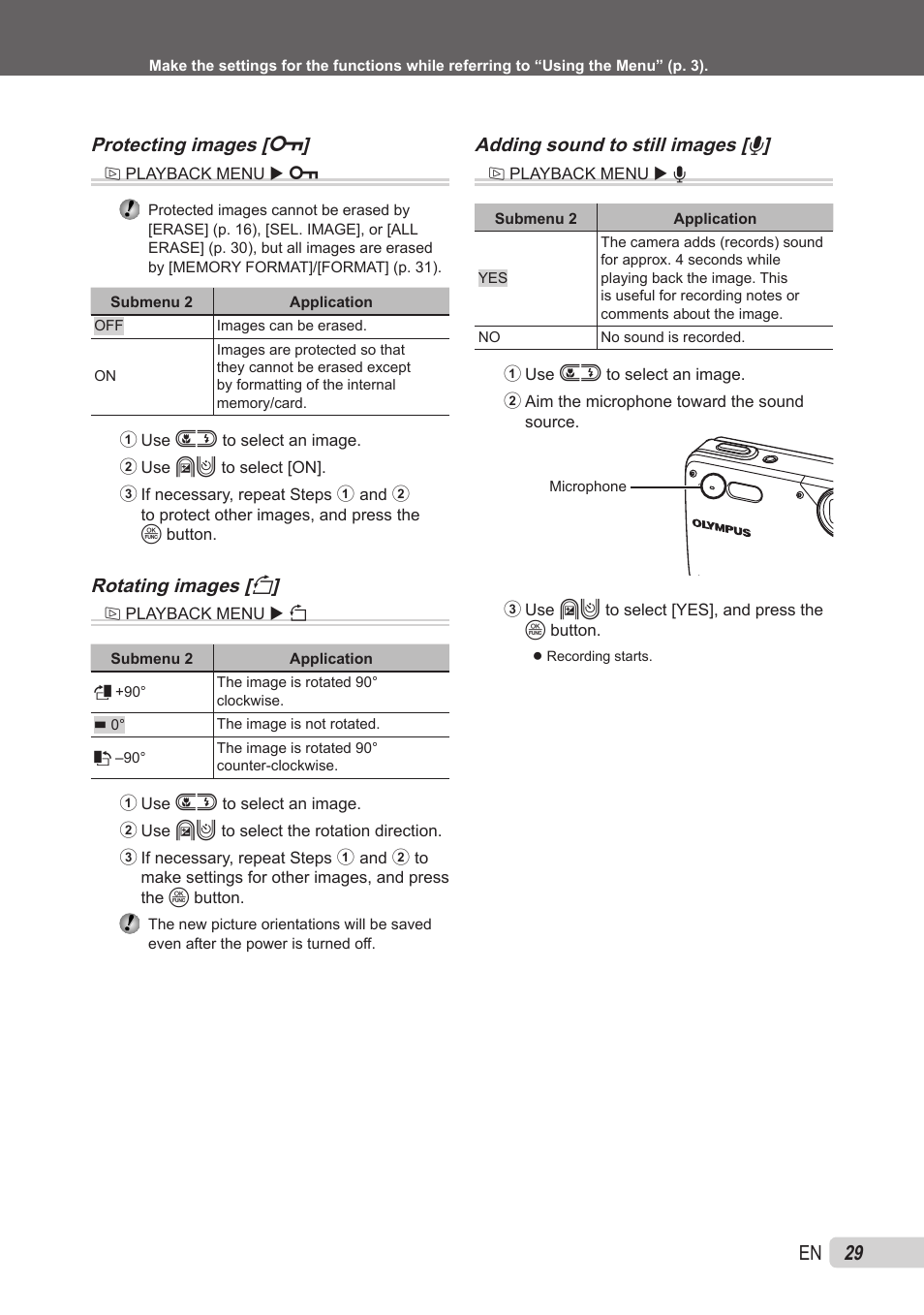 Protecting images, Rotating images, Adding sound to still images | Protecting images [ 0, Rotating images [ y, Adding sound to still images [ r | Olympus X-560WP User Manual | Page 29 / 66