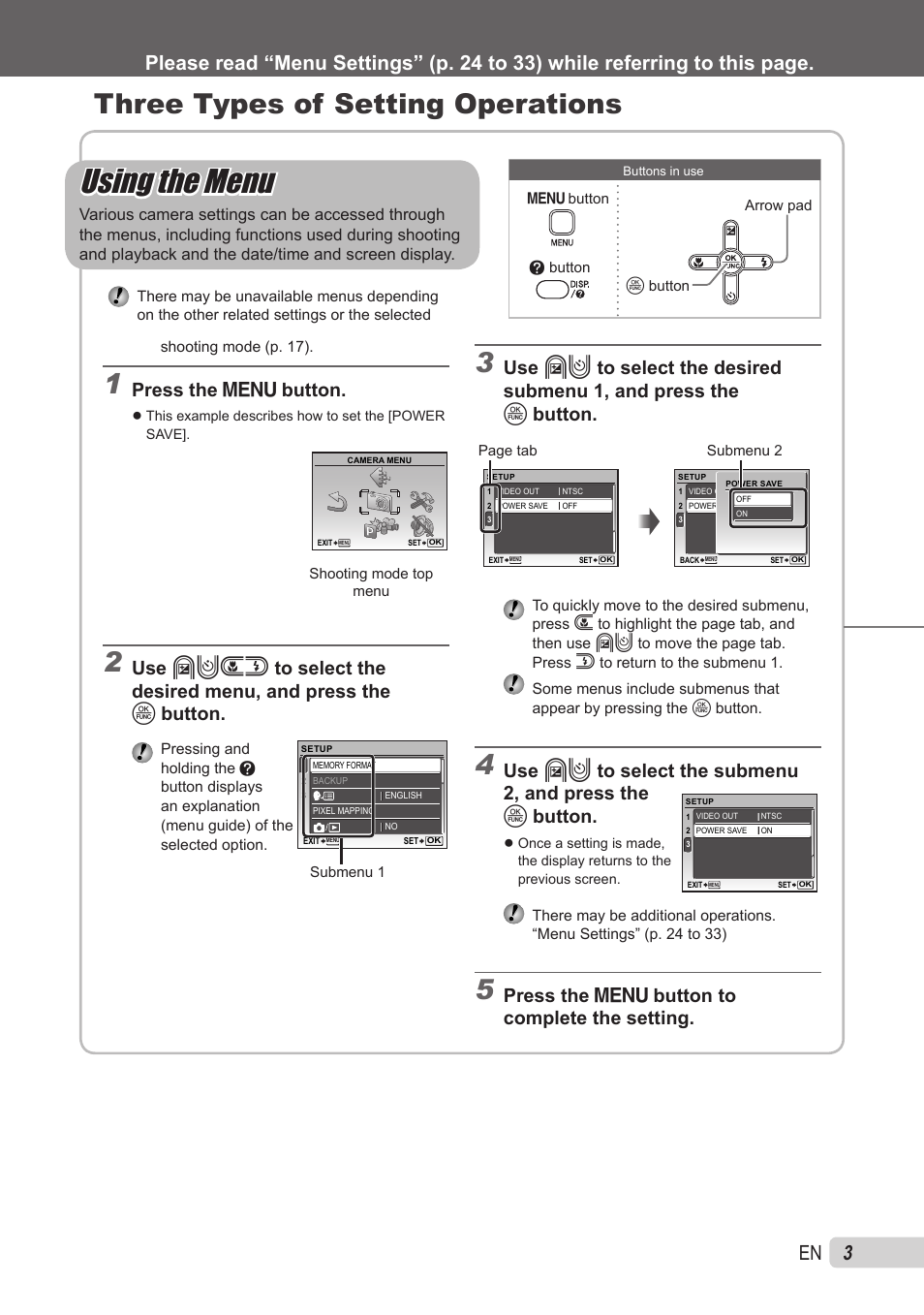 Using the menu, Three types of setting operations, Press the  button | Press the  button to complete the setting | Olympus X-560WP User Manual | Page 3 / 66