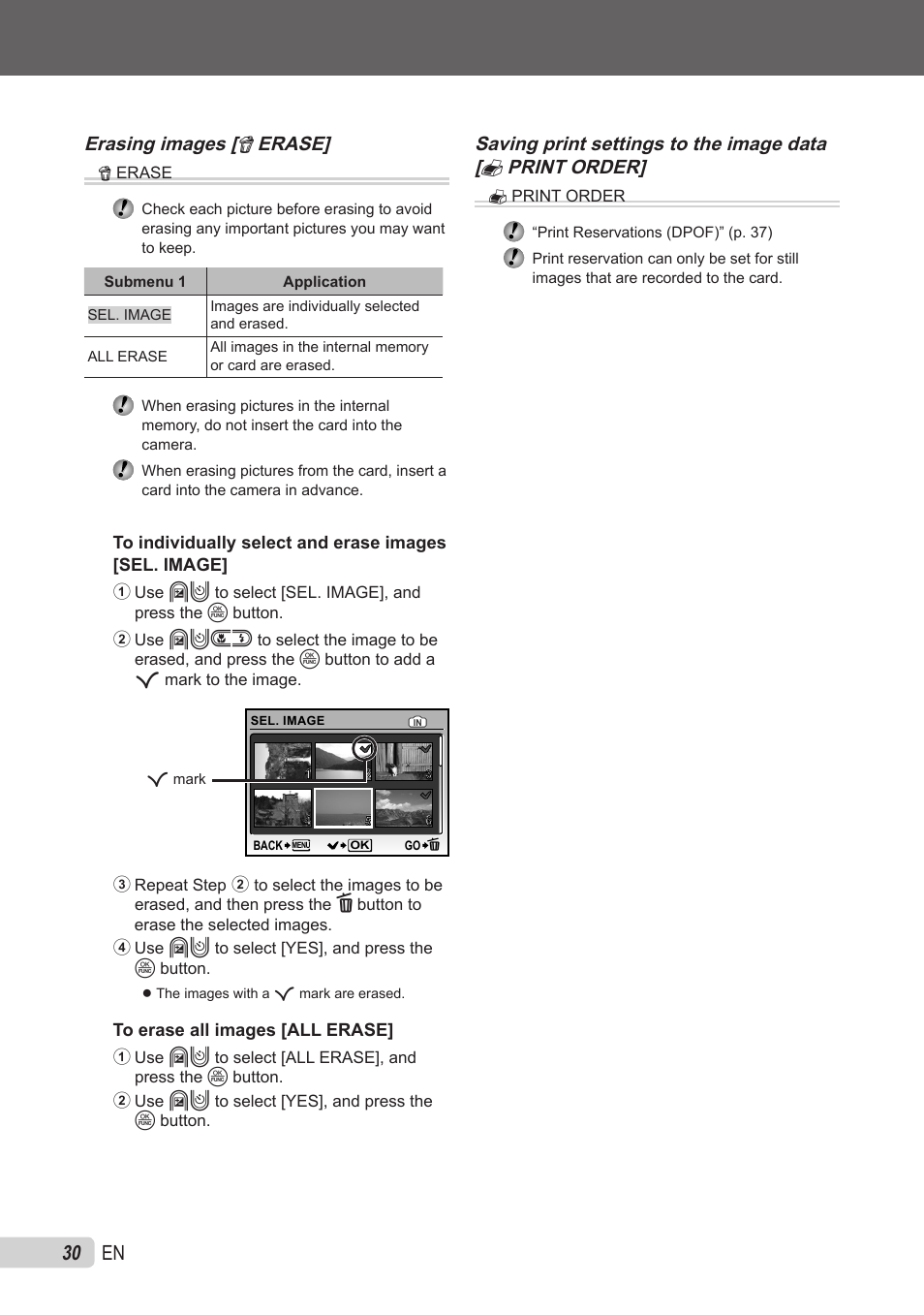 Erasing images, Saving print settings to the image data, 0 en | Erasing images [ k erase | Olympus X-560WP User Manual | Page 30 / 66