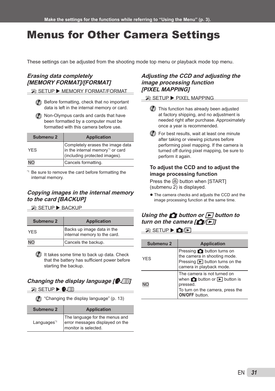 Menus for other camera settings, Erasing data completely, Copying images in the internal memory to the card | Changing the display language, 1 en, Changing the display language [ w | Olympus X-560WP User Manual | Page 31 / 66