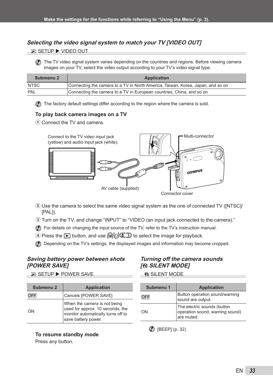 Selecting the video signal system to match your tv, Saving battery power between shots, Turning off the camera sounds | Saving battery power between shots [power save, Turning off the camera sounds [ f silent mode | Olympus X-560WP User Manual | Page 33 / 66