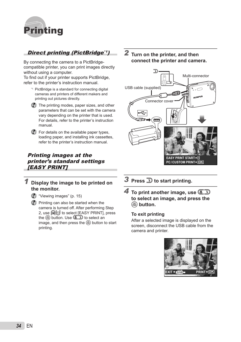 Printing, Direct printing (pictbridge), Printing images at the printer’s standard settings | Direct printing (pictbridge | Olympus X-560WP User Manual | Page 34 / 66
