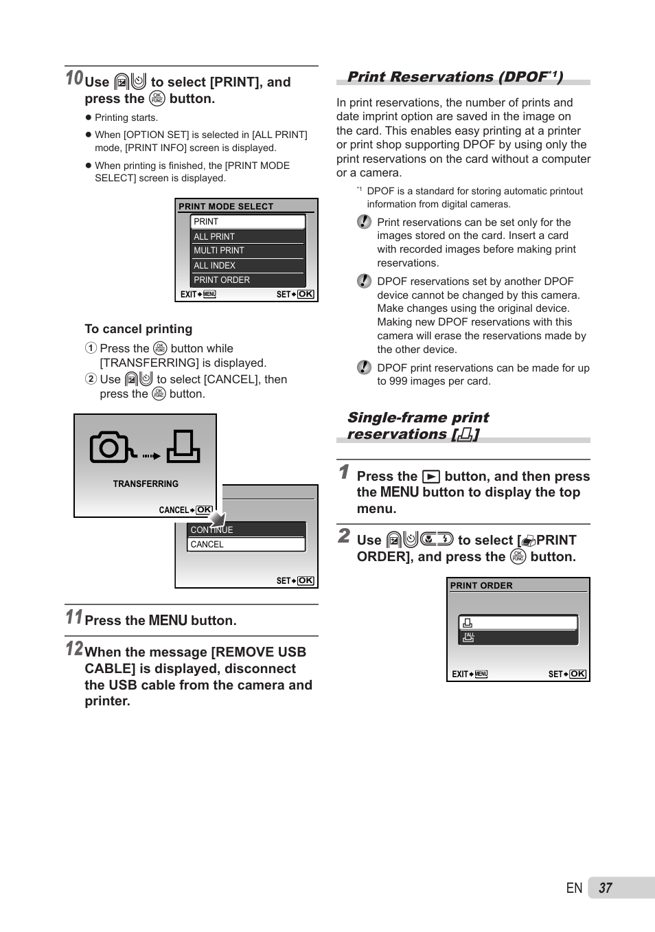 Print reservations (dpof), Single-frame print reservations, Print reservations (dpof | Olympus X-560WP User Manual | Page 37 / 66