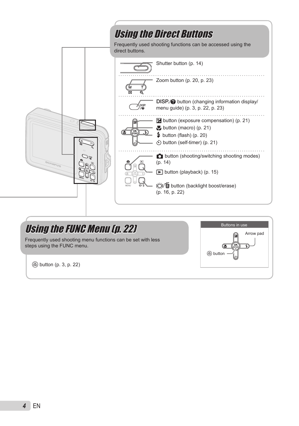 Using the direct buttons, Using the func menu (p. 22) | Olympus X-560WP User Manual | Page 4 / 66