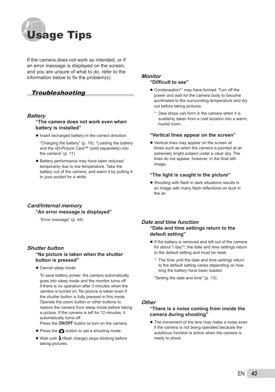 Usage tips, Troubleshooting | Olympus X-560WP User Manual | Page 43 / 66