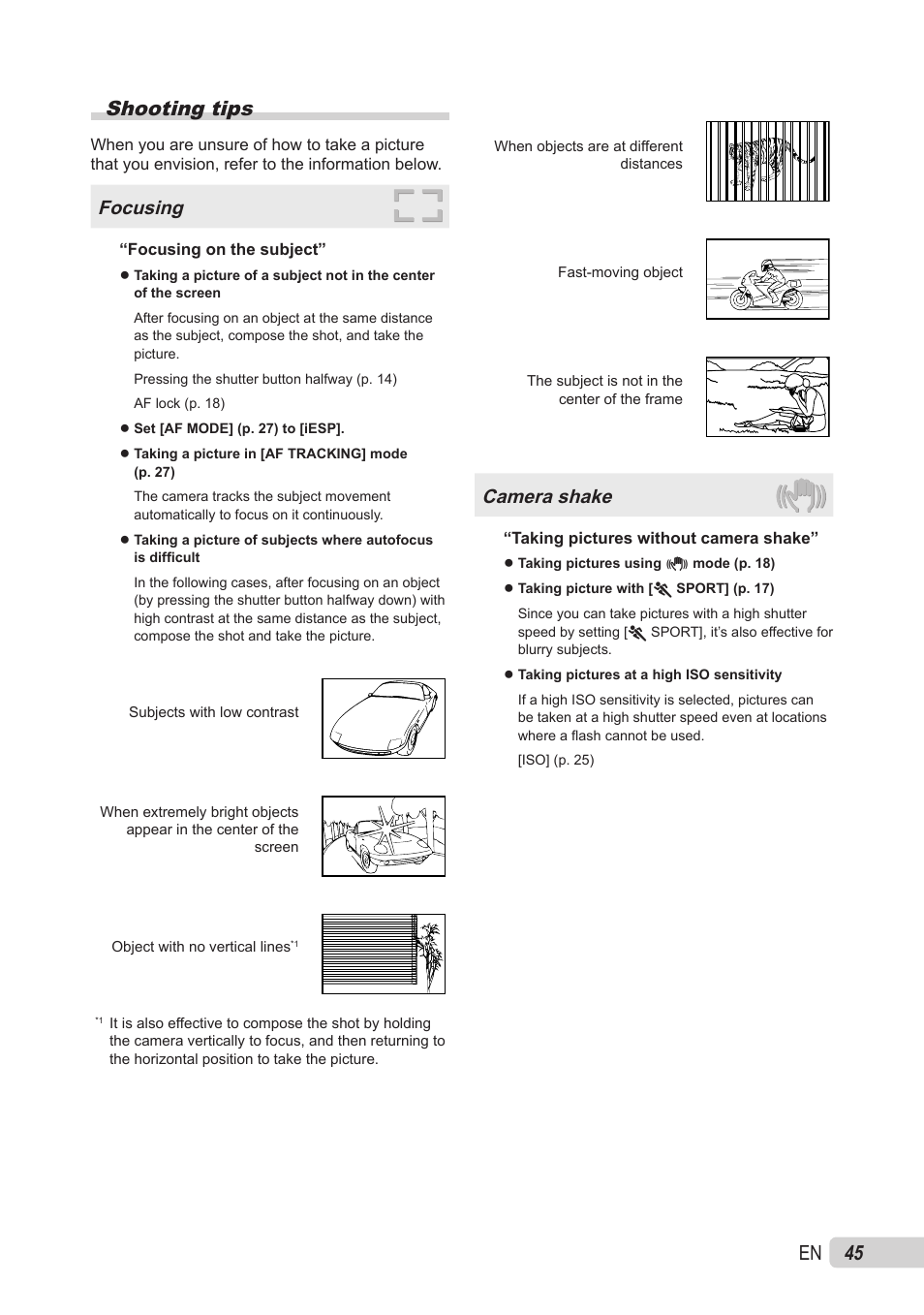 Shooting tips, Focusing, Camera shake | En shooting tips | Olympus X-560WP User Manual | Page 45 / 66