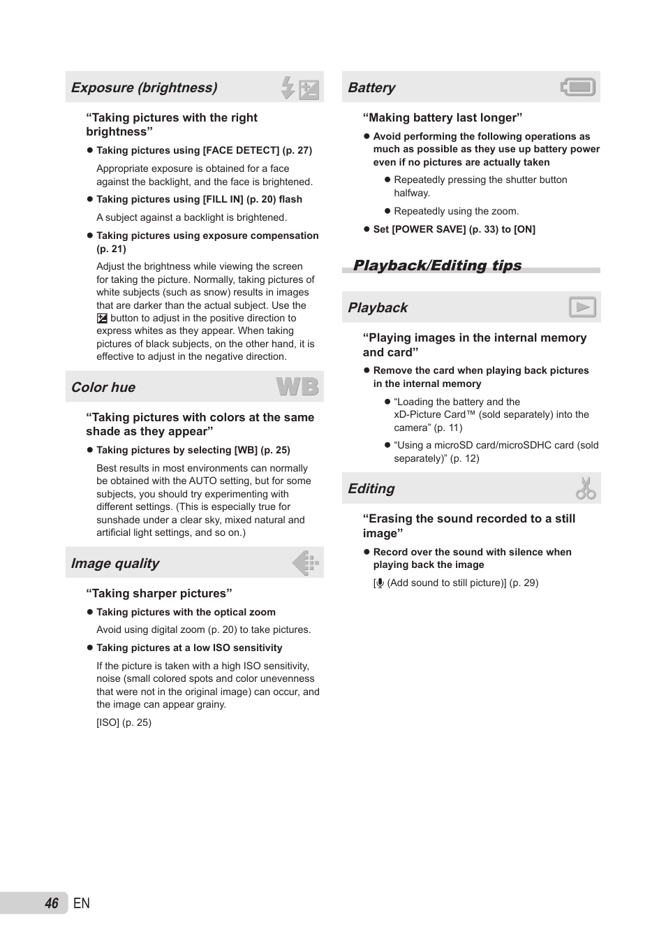 Exposure (brightness), Color hue, Image quality | Battery, Playback/editing tips, Playback, Editing | Olympus X-560WP User Manual | Page 46 / 66