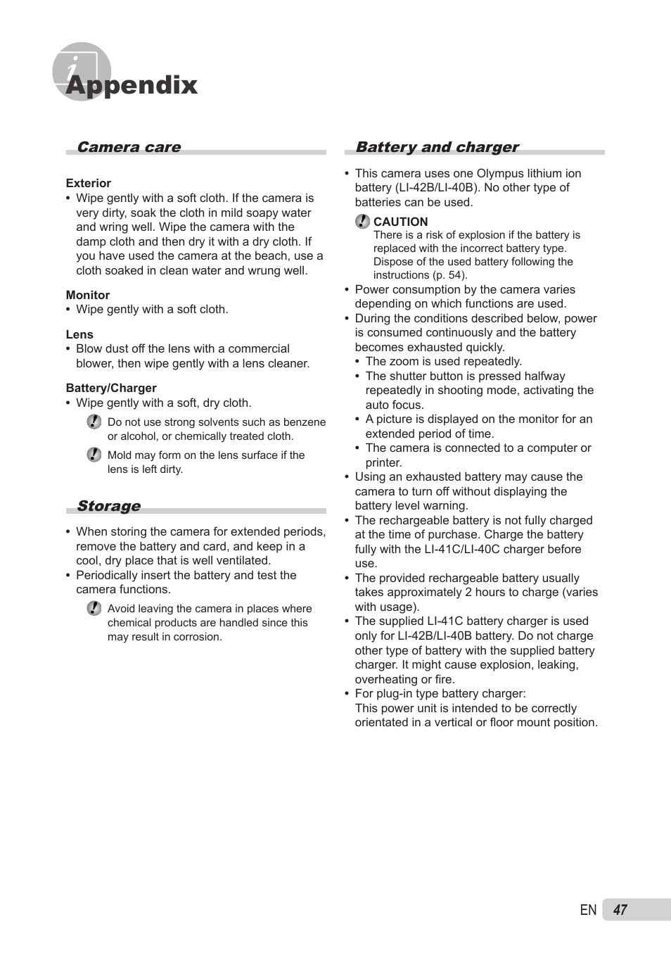Appendix, Camera care, Storage | Battery and charger | Olympus X-560WP User Manual | Page 47 / 66